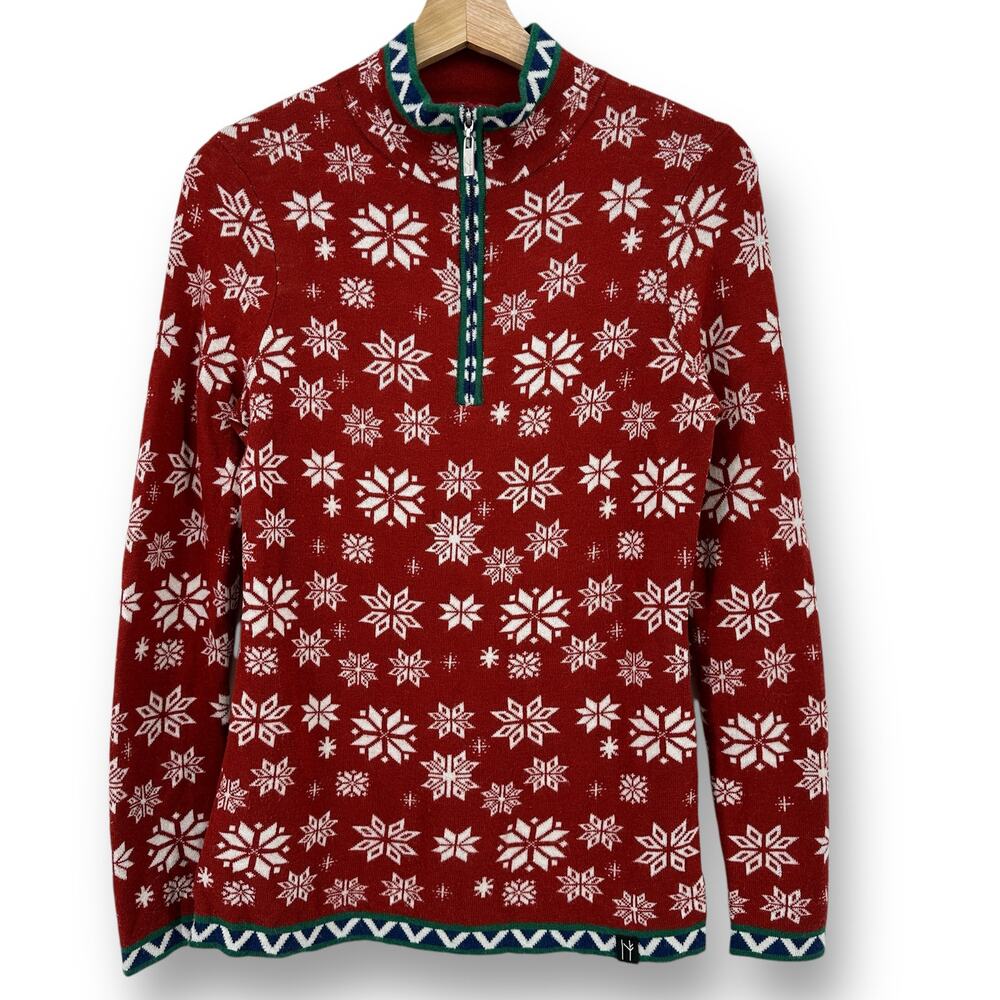 Neve  Jane 1/4 Zip Sweater Womens Size Small Red Snowflake Wool Blend
